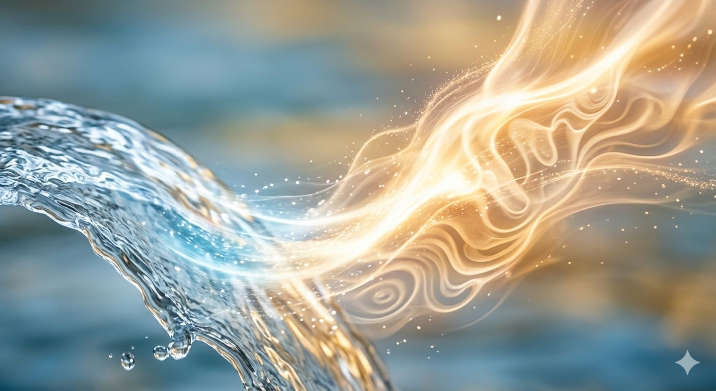 Abstract illustration of fluid energy and warm light — the fascial network as flow.